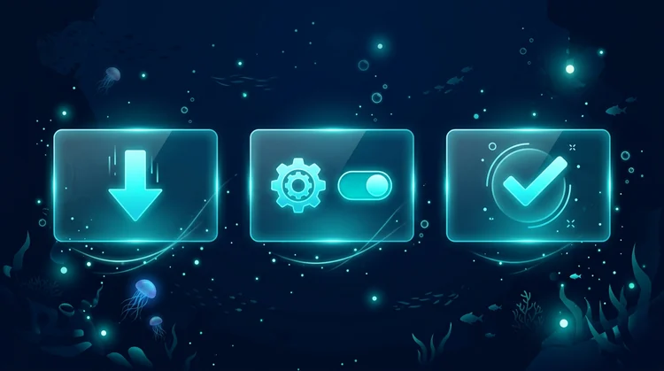 Drei schwebende UI-Panels zur Android-APK-Installation: Download, Einstellungen f&uuml;r unbekannte Quellen und Installations-H&auml;kchen in Cyan vor Meereshintergrund.