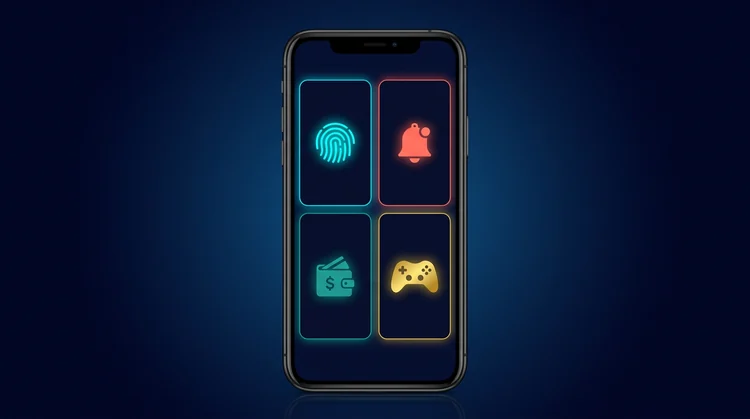 Smartphone mit vier Feature-Karten: biometrischer Fingerabdruck in Cyan, Benachrichtigungsglocke in Koralle, Wallet in T&uuml;rkis, Gamecontroller in Gold.