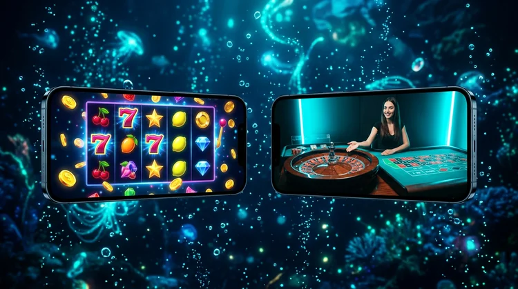 Zwei Premium-Smartphones nebeneinander: links Slot-Spiel in Koralle und Gold, rechts Live-Roulette in Cyan-Licht, biolumineszierender Ozean.