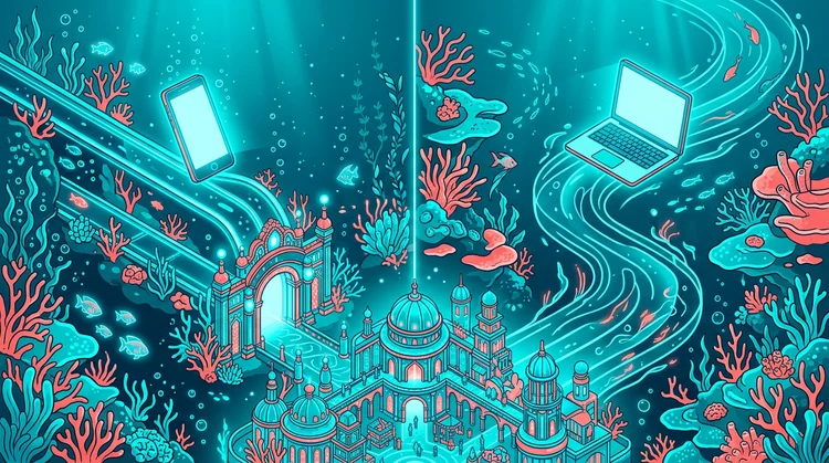 Isometrische Illustration: Weg der nativen App mit Smartphone zum Casino-Portal und Weg des mobilen Browsers mit Laptop, beide m&uuml;nden am gleichen Ziel.