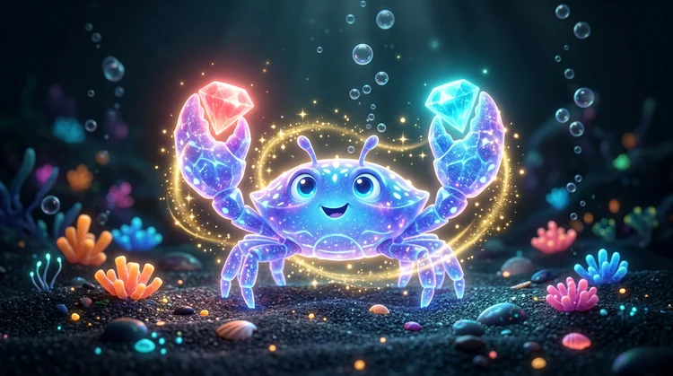 Leuchtender Kristall-Krebs mit Korallen- und T&uuml;rkis-Juwelen in den Scheren auf dem Meeresboden, goldener Schein.