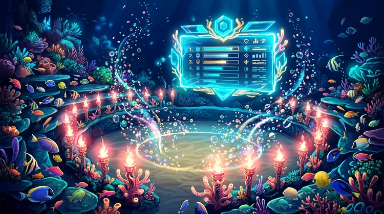 Tropische Unterwasser-Turnierarena mit biolumineszierenden Tiki-Fackeln aus Koralle, schwebender Bestenliste und bunten Fischen.