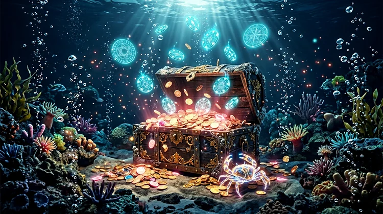 Unterwasser-Schatztruhe &ouml;ffnet sich mit goldenen M&uuml;nzen, leuchtenden Freispiel-Elementen und magischem Krebs in Korallen- und Cyanfarben.
