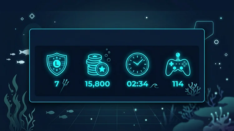 Casino-Dashboard Infografik mit Ozean-Motiven: Schild, M&uuml;nzen, Uhr und Joystick in Cyan auf dunklem Navy-Panel.
