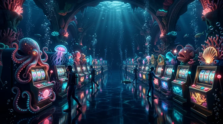 Unterwasser-Slot-Halle mit leuchtenden Automaten in Tiefsee-Kreaturen-Optik, Korallen-Pink und Cyan, Glasboden und Blasen.