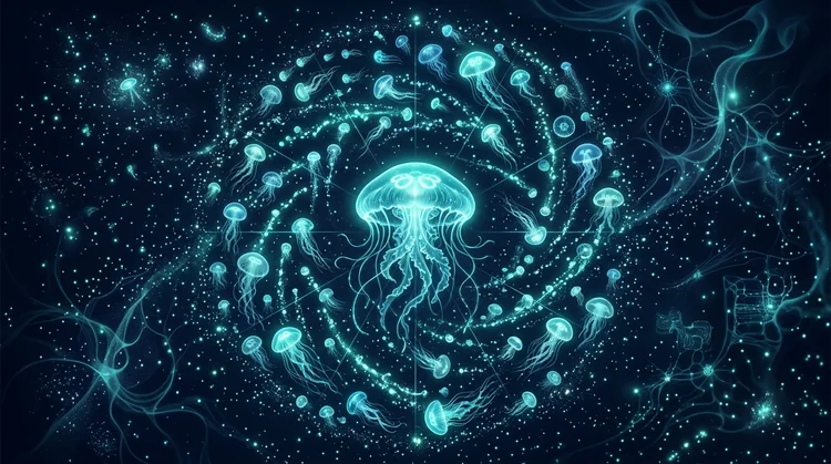 Biolumineszierende Quallen in radialem Muster wie Software-Partner-Konstellation im dunklen Tiefsee-Ozean.