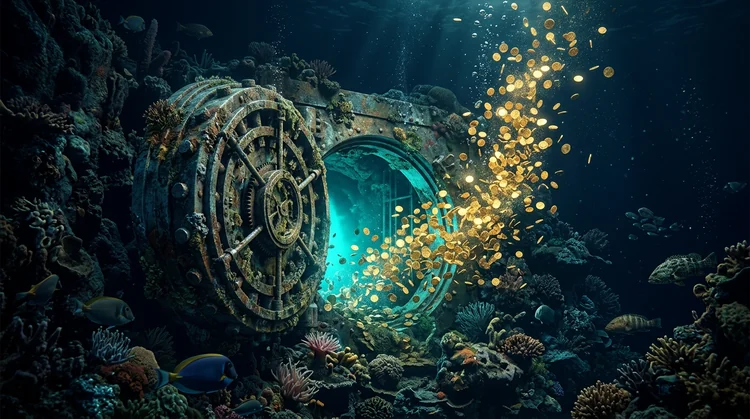 Unterwasser-Banktresor in Korallenriff &ouml;ffnet sich, goldene M&uuml;nzen steigen wie Blasen auf, t&uuml;rkises Licht von innen.