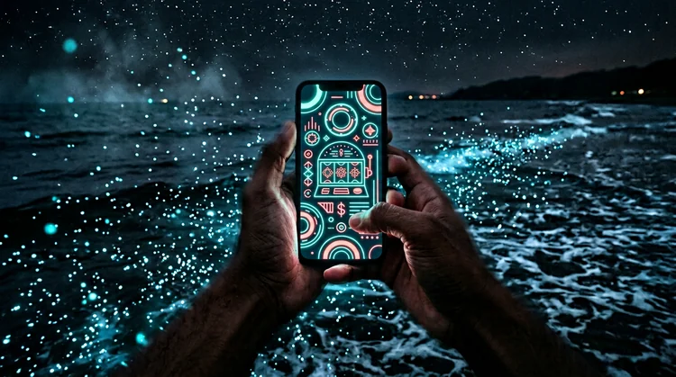 H&auml;nde halten Smartphone mit stilisierter Casino-Oberfl&auml;che in T&uuml;rkis und Koralle vor dunklem Meer mit leuchtenden Partikeln.