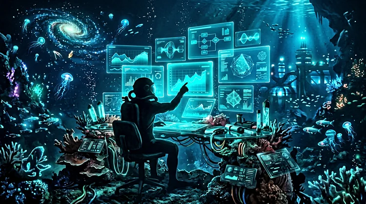 Redakteur an Unterwasser-Arbeitsplatz mit Korallen-Glas-Schreibtisch und schwebenden Datenpanels mit abstrakten Cyan-Diagrammen.