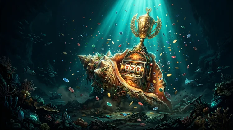 Illustration: Goldene Troph&auml;e und Slot-Elemente mit Muschel auf dem Meeresgrund.