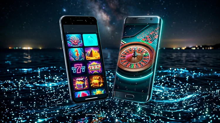 Zwei schwebende Smartphones mit Casino-Oberfl&auml;che &uuml;ber biolumineszierendem Meer bei Nacht, iOS- und Android-Stil.