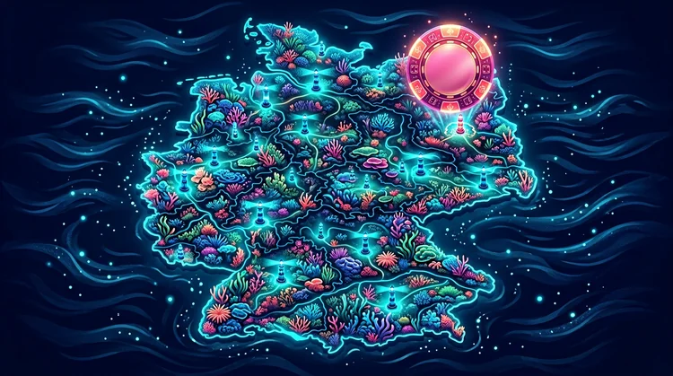 Stilisierte Deutschlandkarte aus leuchtendem Ozeanwasser und Korallen mit Leuchtfeuern und Casino-Chip &uuml;ber Berlin.