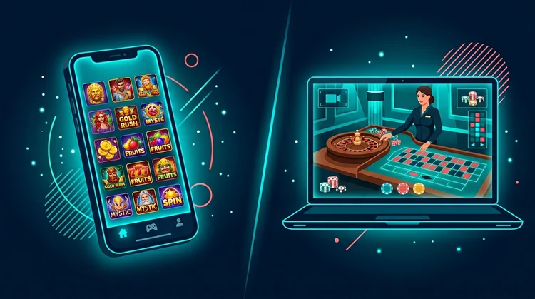 Split-Screen Illustration: Smartphone mit Casino-Lobby und Laptop mit Live-Roulette in t&uuml;rkisem Licht vor tiefblauem Ozeanhintergrund.