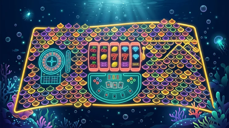 Leuchtendes Raster von Casino-Spielkacheln und Slots unter Wasser in Korallen-, Cyan- und Goldt&ouml;nen.